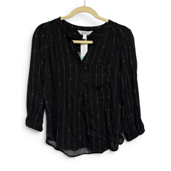 Market & Spruce Tops - Market & Spruce Prat Henley 3/4 Sleeve‎ Blouse Black Dash Stripe Small NEW